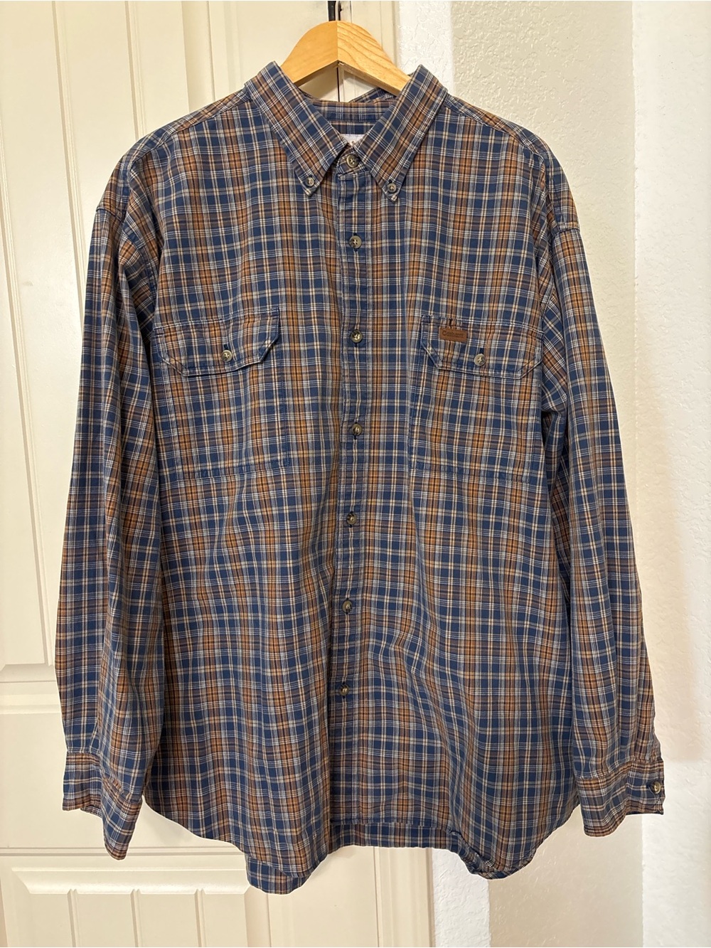 Vintage Y2K Carhartt 2XL Plaid Button Down‎ Work Shirt Blue Brown Cotton